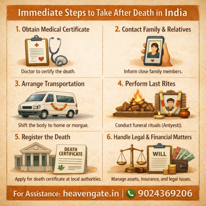 Immediate steps to take after death in India including medical certificate, funeral rites, death registration, and legal support by Heaven Gate Funeral Care with contact details.