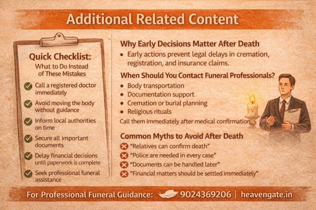 Additional related guidance after death in India showing a quick checklist, why early decisions matter, common myths, and when to contact funeral professionals.