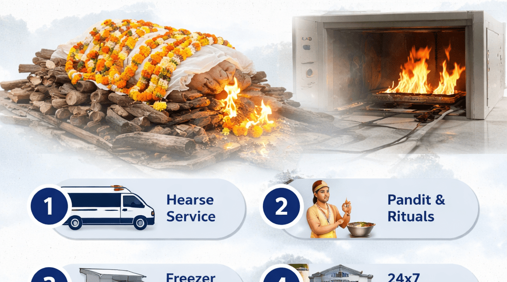 Cremation service in Kolkata with hearse van, pandit for last rites, freezer box on rent and 24x7 cremation support