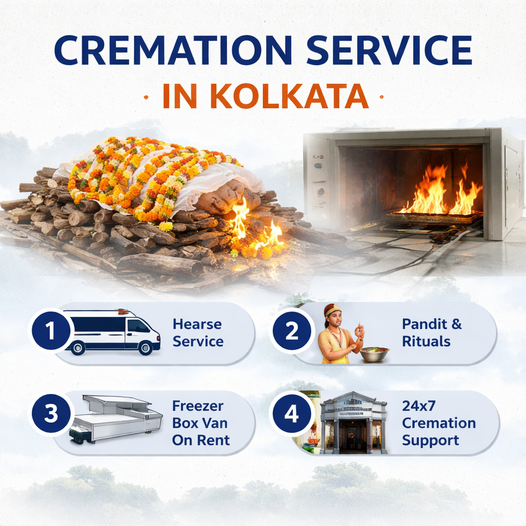 Cremation service in Kolkata with hearse van, pandit for last rites, freezer box on rent and 24x7 cremation support
