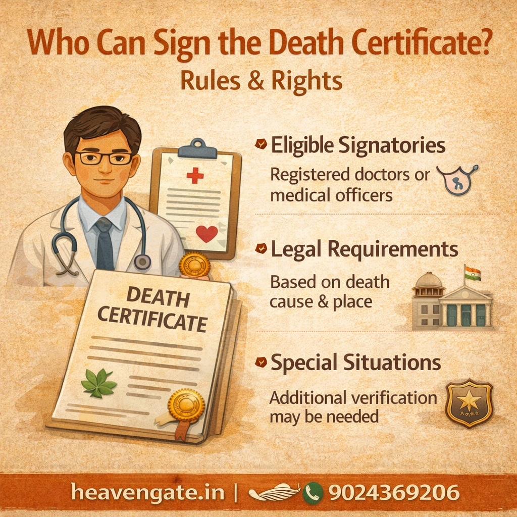 Who can sign the death certificate in India showing authorized doctors, legal officials, police involvement, and rules with guidance from Heaven Gate Funeral Care.