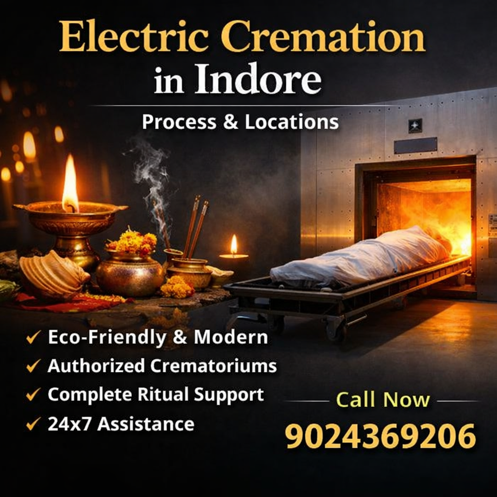 Electric cremation in Indore showing modern electric crematorium with dignified funeral process and 24/7 booking support
