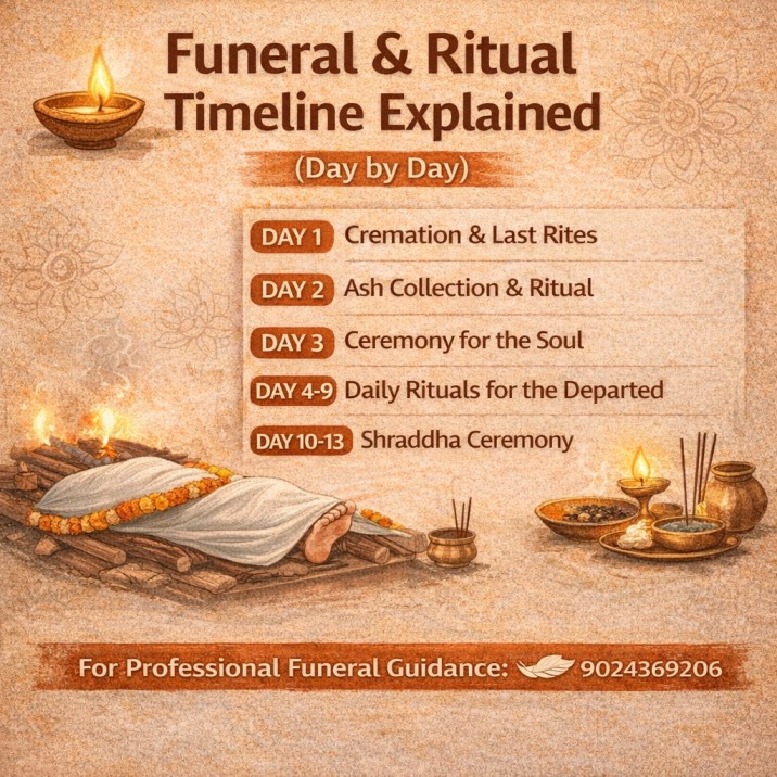Funeral and ritual timeline in India explained day by day, showing key ceremonies, prayers, and post-funeral rituals followed by families.