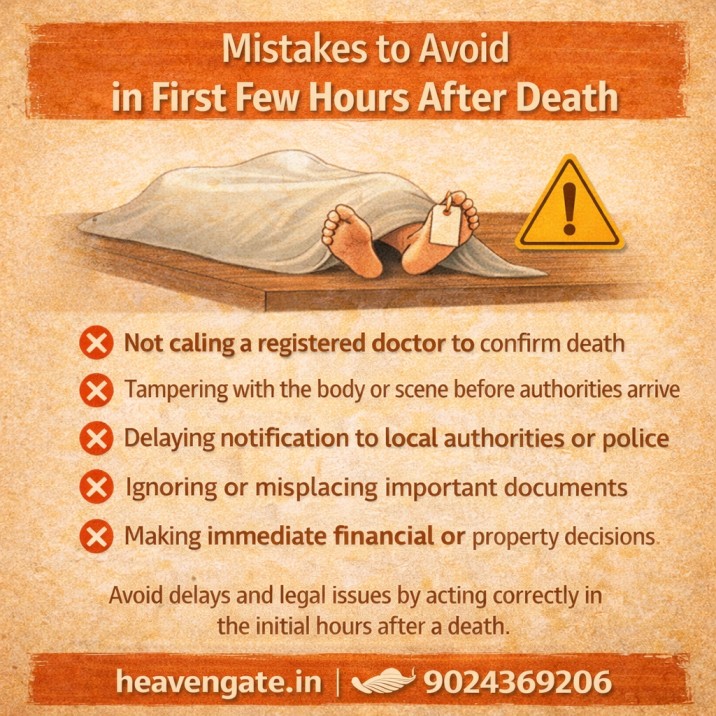Mistakes to avoid in the first few hours after death in India including delays in medical confirmation, documentation errors, and funeral arrangements.