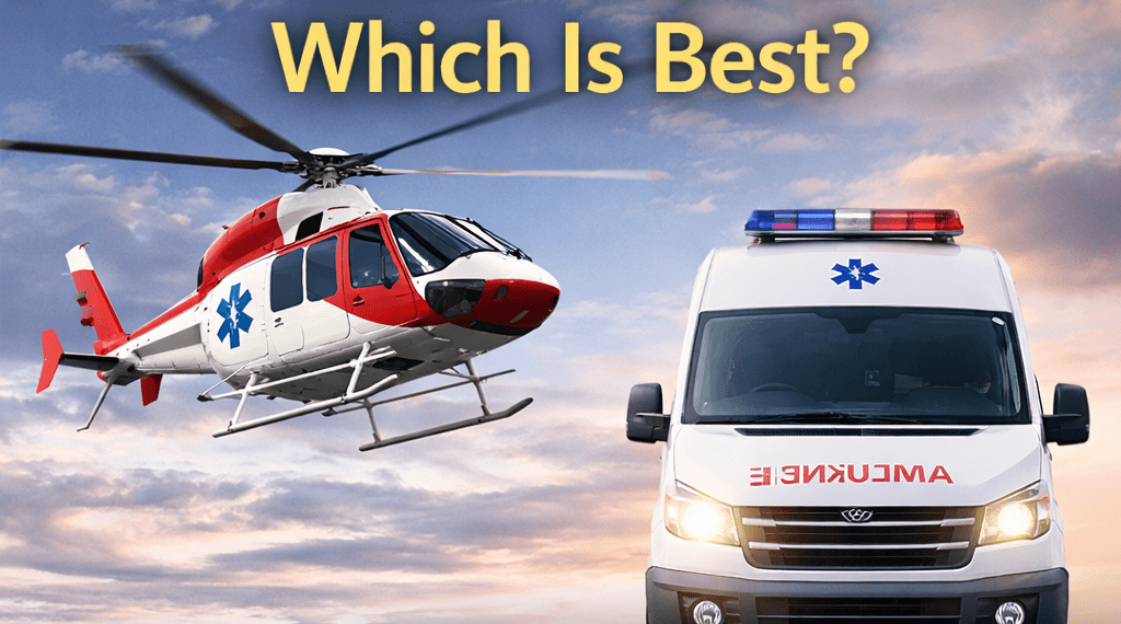 Air ambulance versus road ambulance comparison showing emergency medical transport options with Heavengate contact details