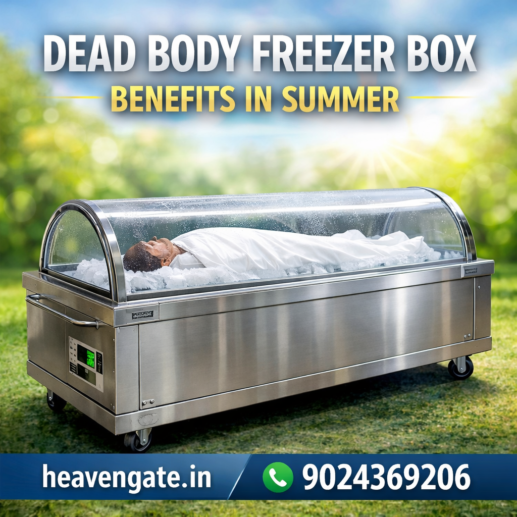 Dead body freezer box used in summer to preserve a deceased body at safe temperature with contact details heavengate.in and 9024369206