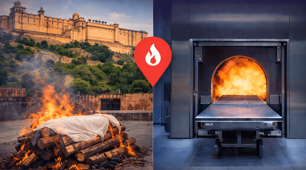 Best cremation grounds in Jaipur showing wooden pyre and electric cremation facility with Amer Fort background