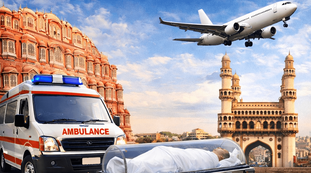 Dead Body Transportation from Jaipur to Hyderabad with ambulance and air cargo