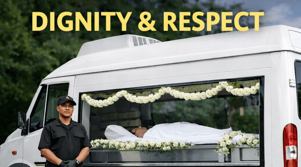 Hearse van transporting a loved one with dignity and respect by Heavengate, showing professional mortuary van service in India