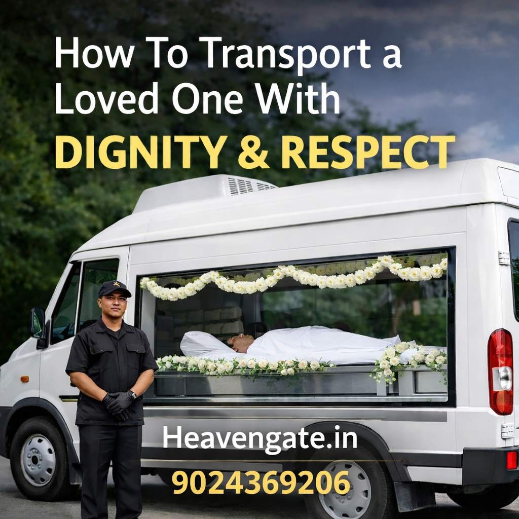 Hearse van transporting a loved one with dignity and respect by Heavengate, showing professional mortuary van service in India