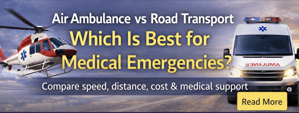 Air ambulance and road ambulance comparison banner highlighting speed, cost, distance, and medical support options