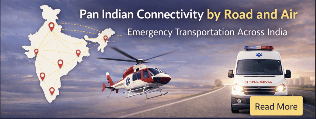 Pan Indian connectivity banner showing air ambulance and road ambulance network across India for emergency medical transportation