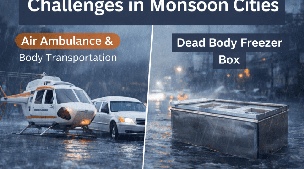 Transportation and storage challenges in monsoon cities showing air ambulance, hearse van, and dead body freezer box during heavy rain.