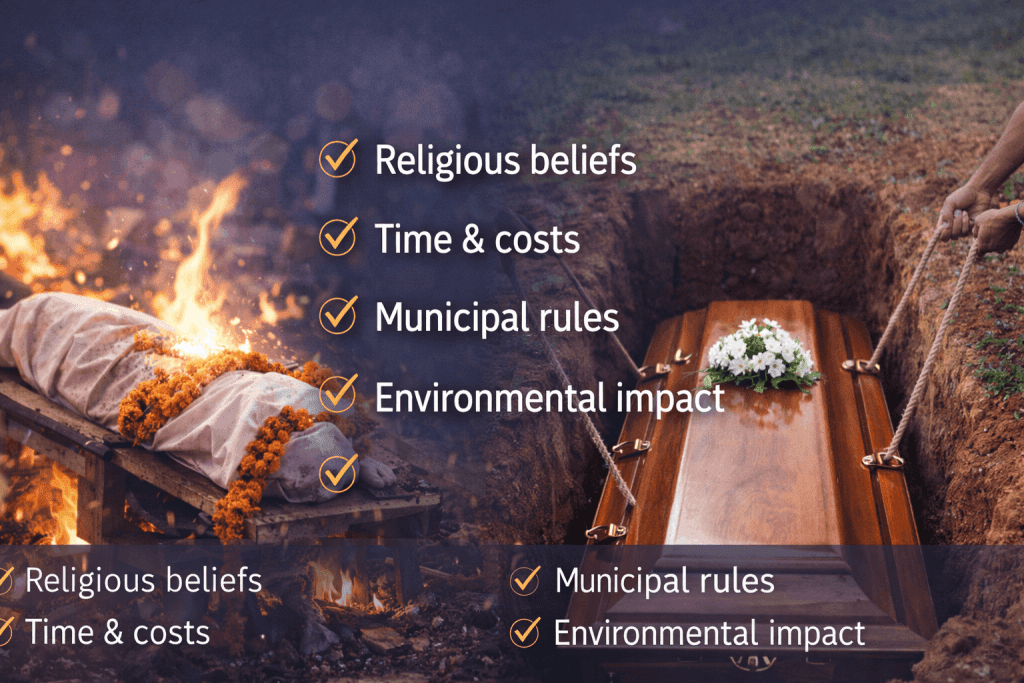 Visual comparison of cremation and burial showing key considerations like religious beliefs, time and cost, municipal rules, and environmental impact.