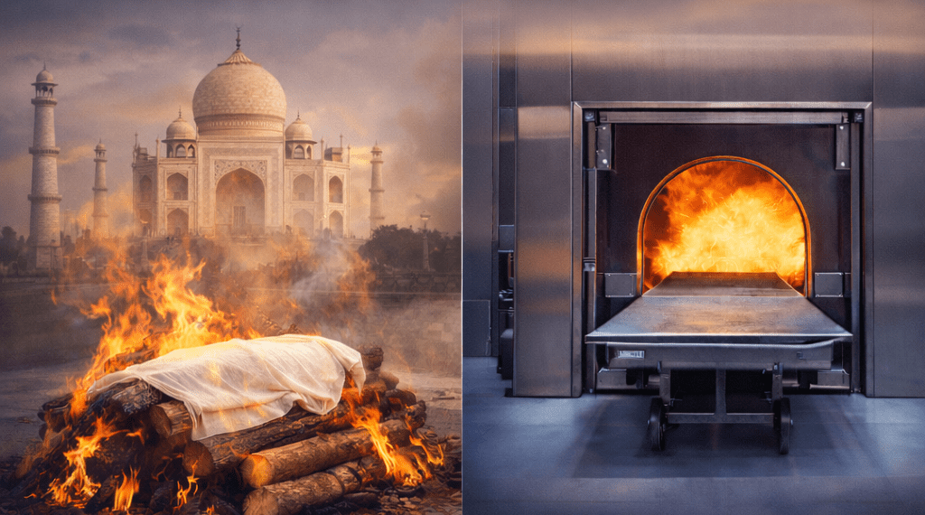 Choosing the right cremation ground in India showing traditional wooden pyre and electric cremation with Taj Mahal background