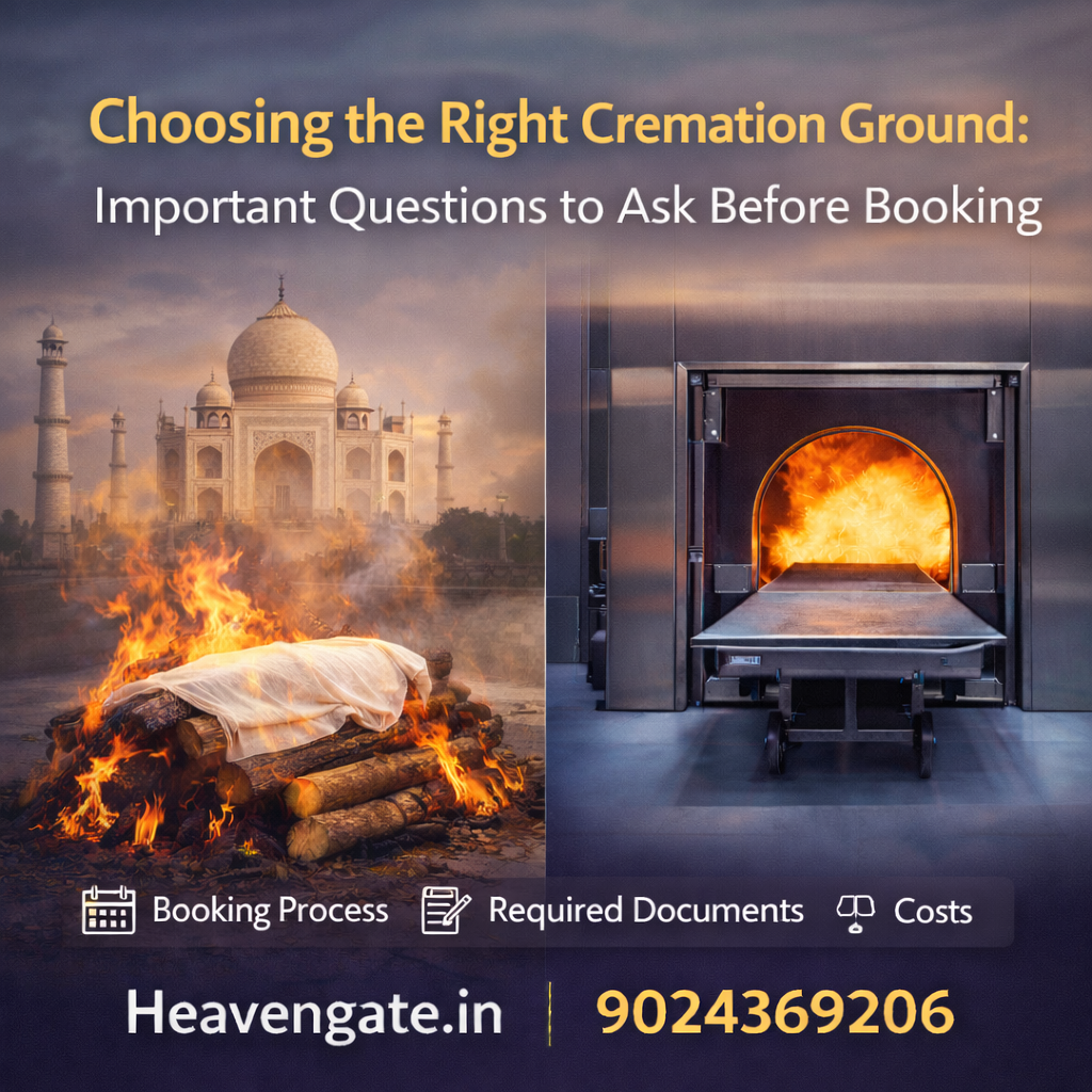 Choosing the right cremation ground in India showing traditional wooden pyre and electric cremation with Taj Mahal background