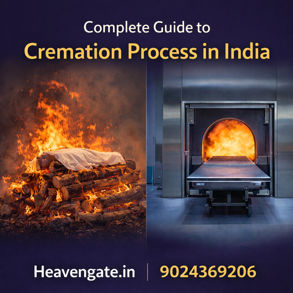 Complete guide to cremation process in India showing wooden pyre and electric cremation methods with professional funeral support