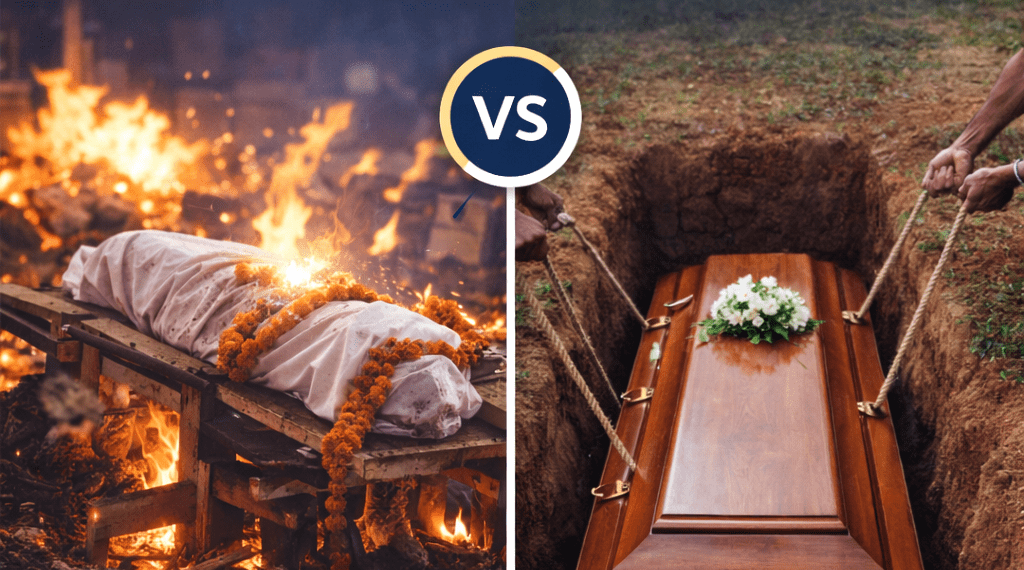 Cremation versus burial comparison in Mumbai and Pune showing funeral pyre and burial coffin side by side.