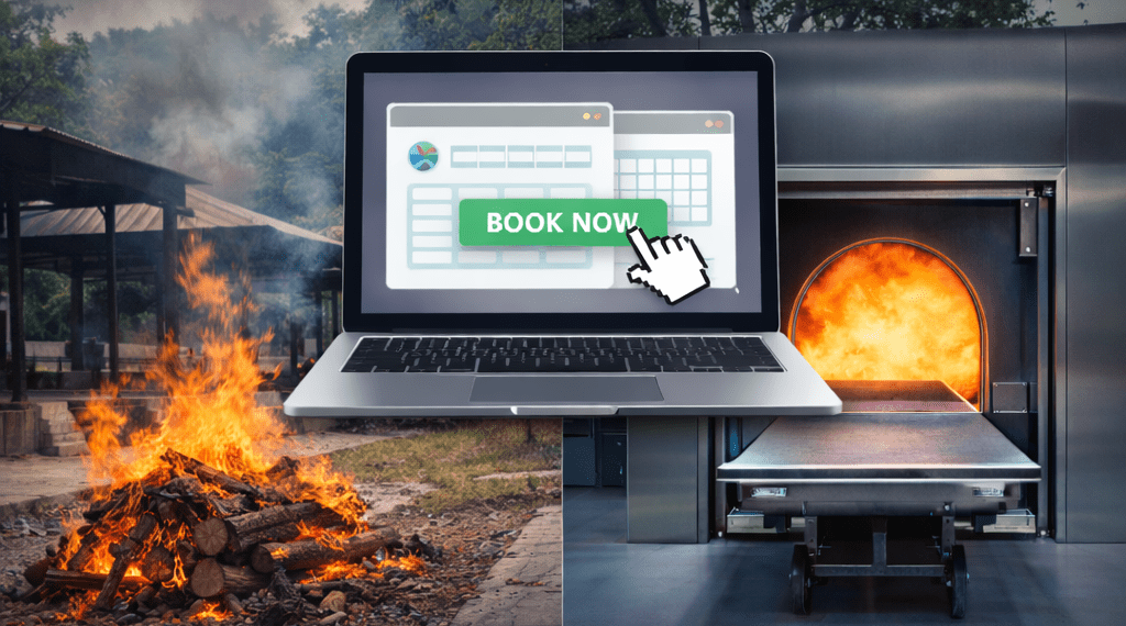 How to book a cremation ground in 2026 showing online booking with wooden pyre and electric cremation options in India