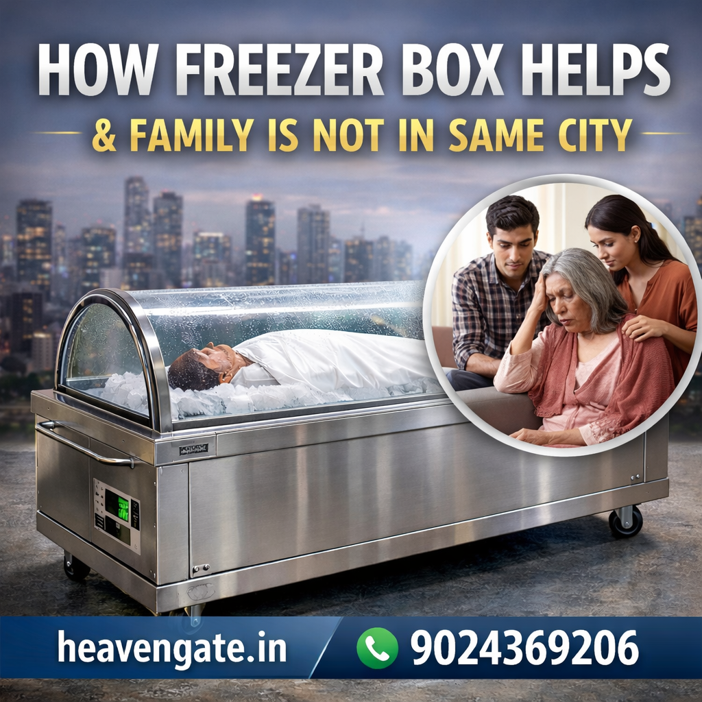 Freezer box preserving a deceased body when family members are in different cities with service details heavengate.in and 9024369206