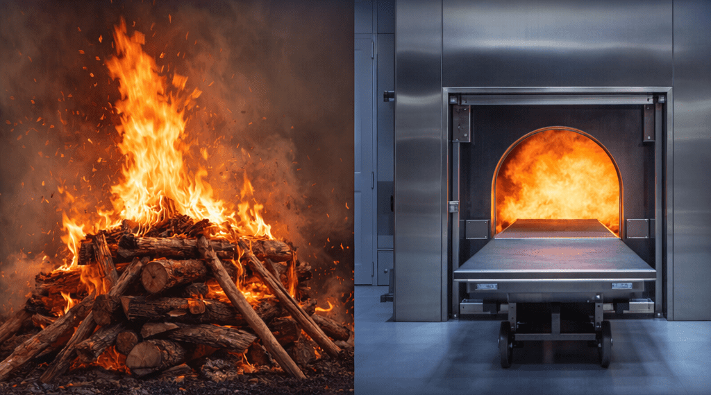 Difference between wooden pyre and electric cremation showing traditional fire cremation and modern electric crematorium in India