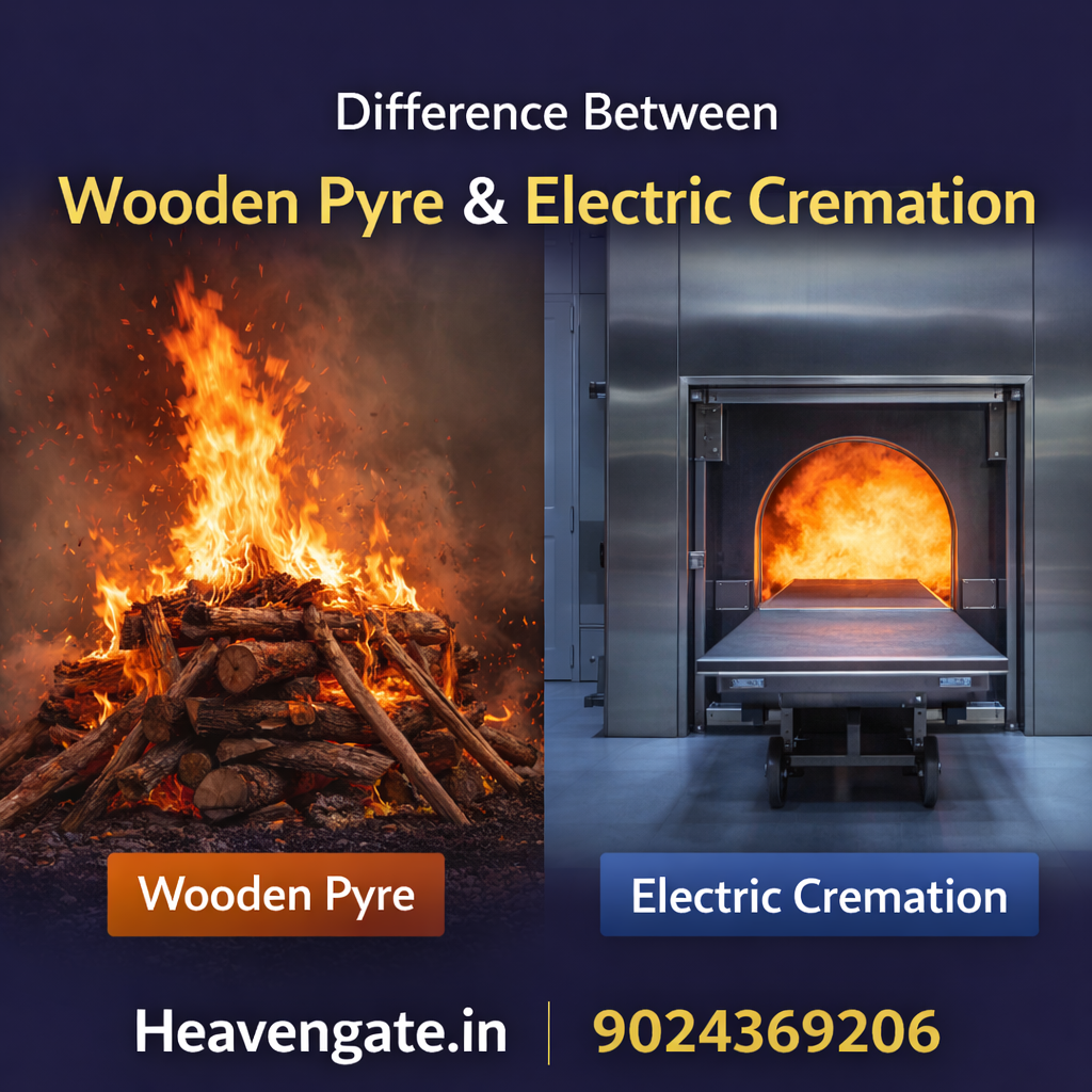 Difference between wooden pyre and electric cremation showing traditional fire cremation and modern electric crematorium in India