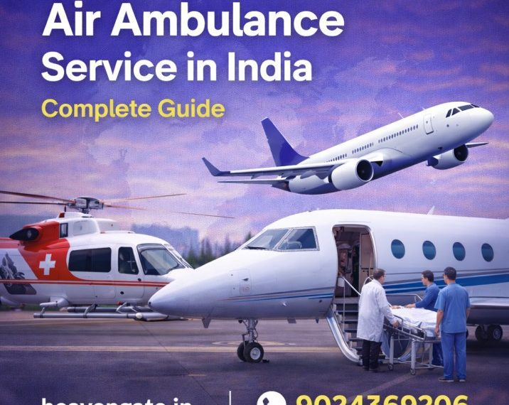 Air ambulance service in India showing medical aircraft, helicopter and patient transfer team