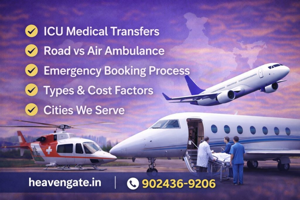 Air ambulance service in India banner showing medical aircraft, helicopter and ICU patient transfer