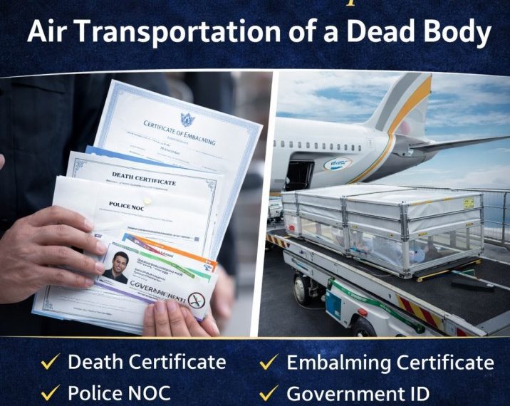 Documents required for air transportation of dead body including death certificate embalming certificate police NOC and ID proof