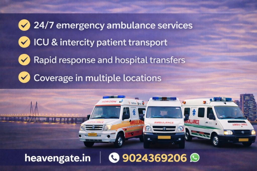 Emergency ambulance service banner showing ambulances with 24/7 medical transport and ICU patient transfer support
