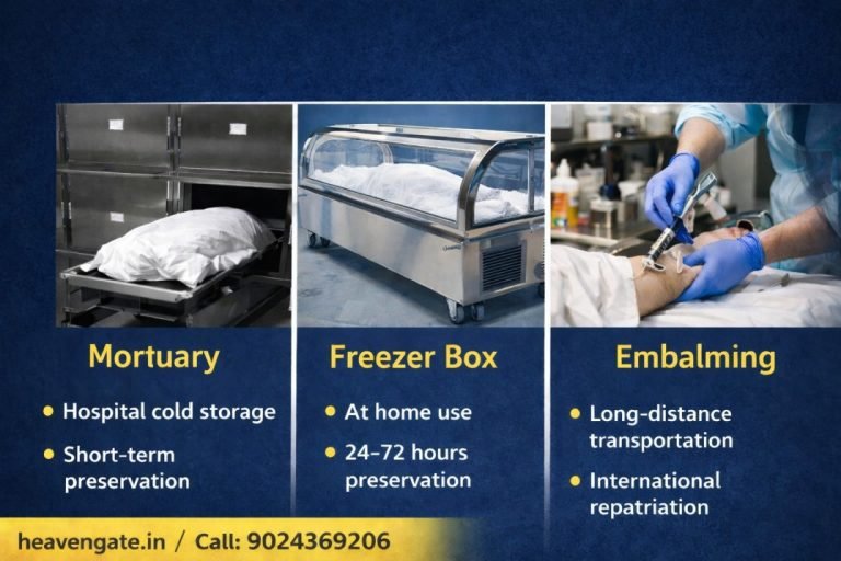 Mortuary storage freezer box service and embalming process for dead body preservation