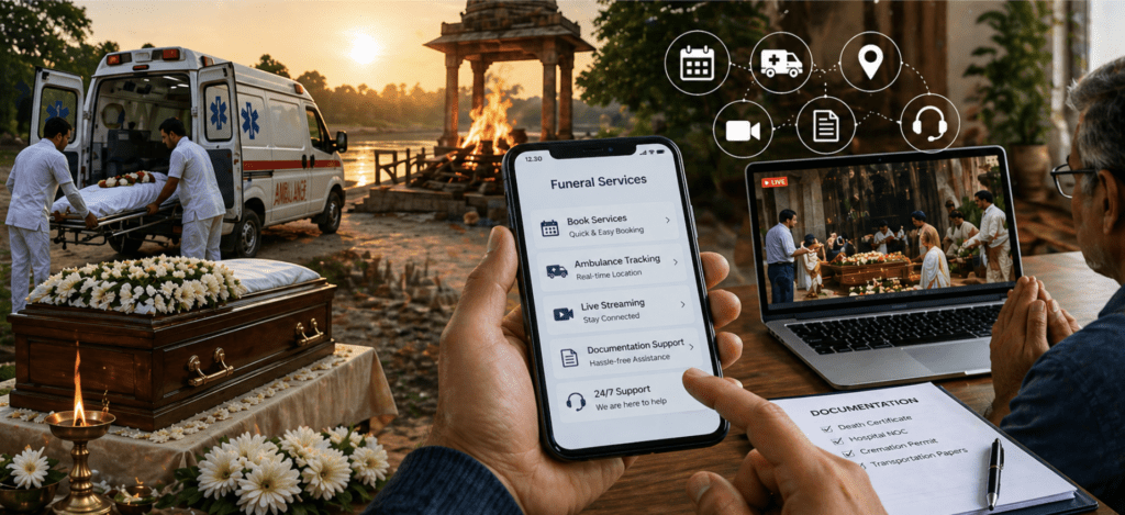 Modern funeral services in India showing ambulance, cremation setup, live streaming and digital funeral management