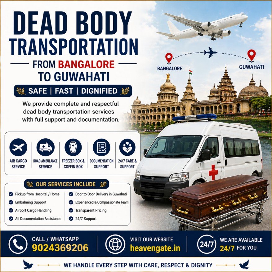 Dead Body Transportation from Bangalore to Guwahati ambulance and air cargo service poster with contact number