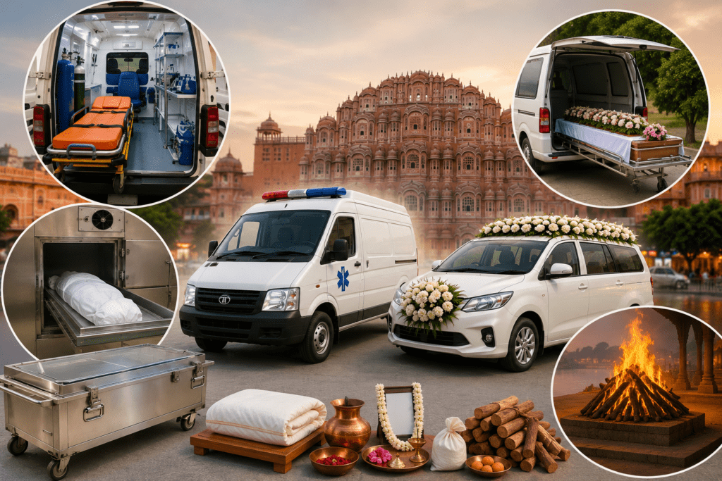 Collage image showing ambulance service, Moksh Vahini vehicle, cremation service, dead body freezer box, and funeral support services in Vaishali Nagar Jaipur by Heaven Gate.