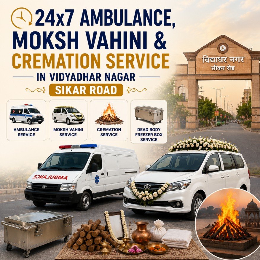 Square promotional image showing ambulance service, Moksh Vahini, cremation service, and dead body freezer box service in Vidyadhar Nagar Sikar Road Jaipur by Heaven Gate Funeral Care.