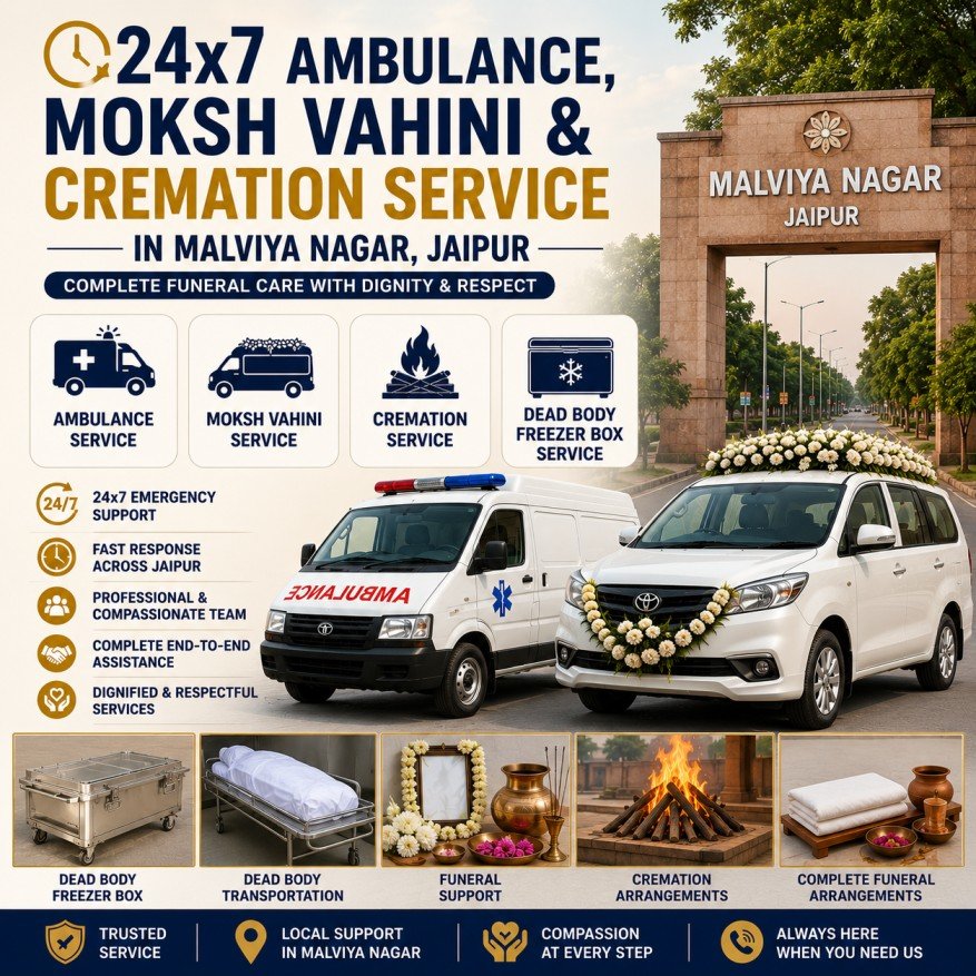 Square promotional image showing 24x7 ambulance service, Moksh Vahini, cremation service, dead body transportation, and freezer box service in Malviya Nagar Jaipur by Heaven Gate Funeral Care.