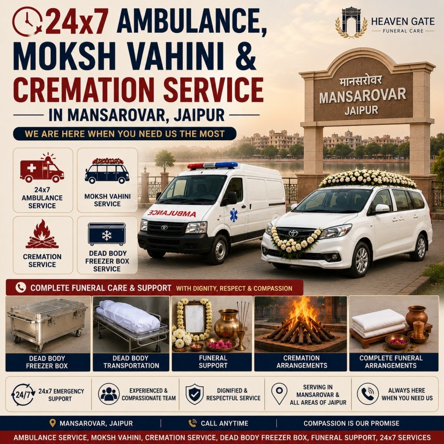 Square promotional image showing ambulance service, Moksh Vahini, cremation service, dead body freezer box, and funeral support services in Mansarovar Jaipur by Heaven Gate.