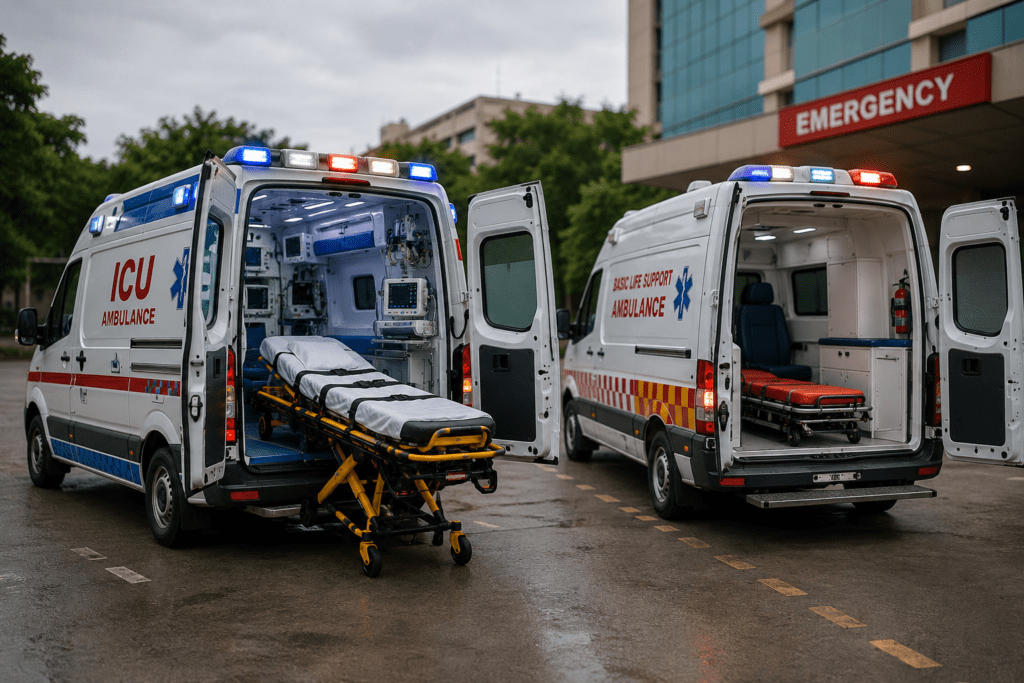 ICU ambulance and basic ambulance parked outside a hospital showing differences in medical equipment and patient transport facilities