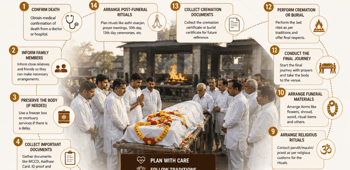family arranging last rites for a loved one at a cremation ground with funeral rituals and final farewell ceremony