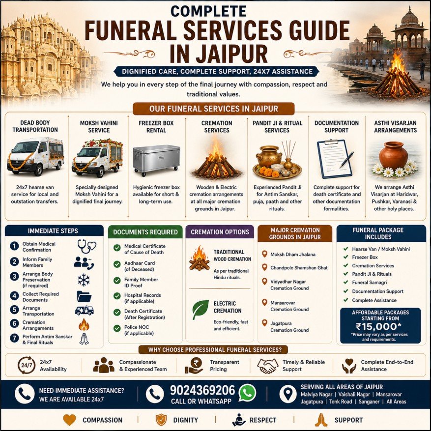 complete funeral services guide in Jaipur including cremation services hearse van freezer box rental and funeral arrangements