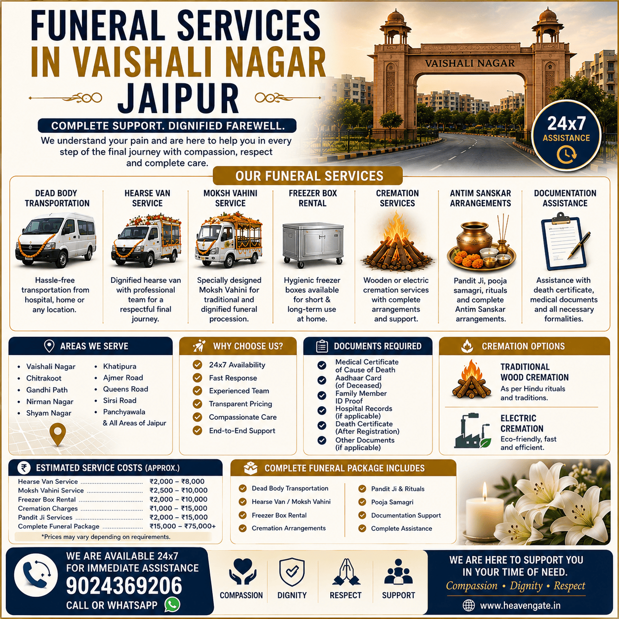 funeral services in Vaishali Nagar Jaipur including hearse van service cremation arrangements freezer box rental and Antim Sanskar support