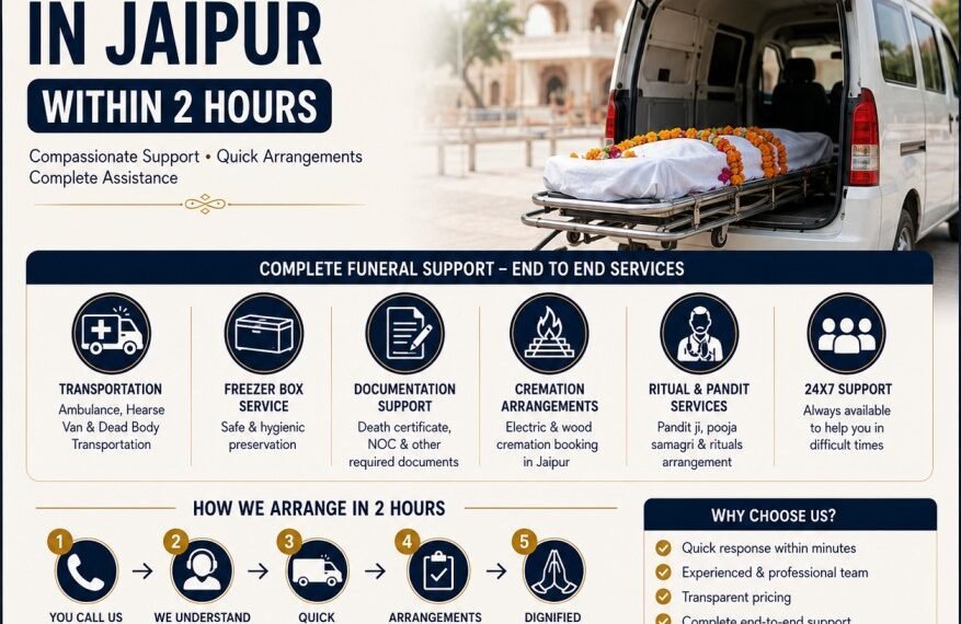 Funeral service in Jaipur with complete cremation, transportation, freezer box, and funeral support within 2 hours