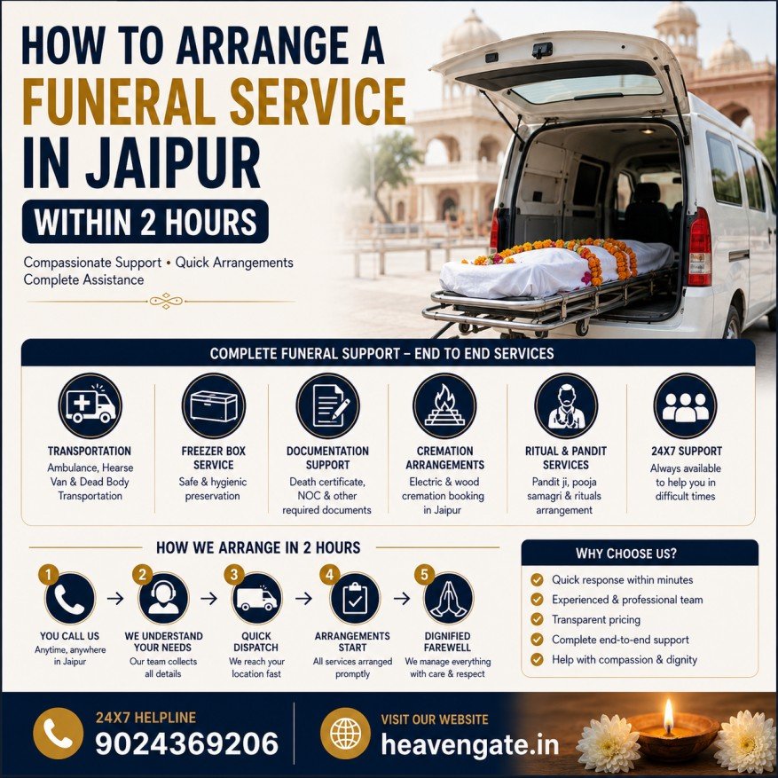 Funeral service in Jaipur with complete cremation, transportation, freezer box, and funeral support within 2 hours