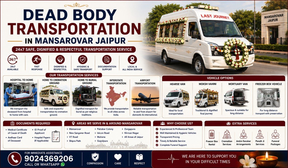 dead body transportation in Mansarovar Jaipur with hearse van Moksh Vahini mortuary van and freezer box vehicle services