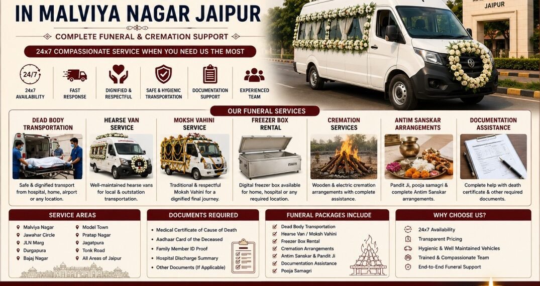 funeral services in Malviya Nagar Jaipur with hearse van service freezer box rental cremation services dead body transportation and Antim Sanskar support