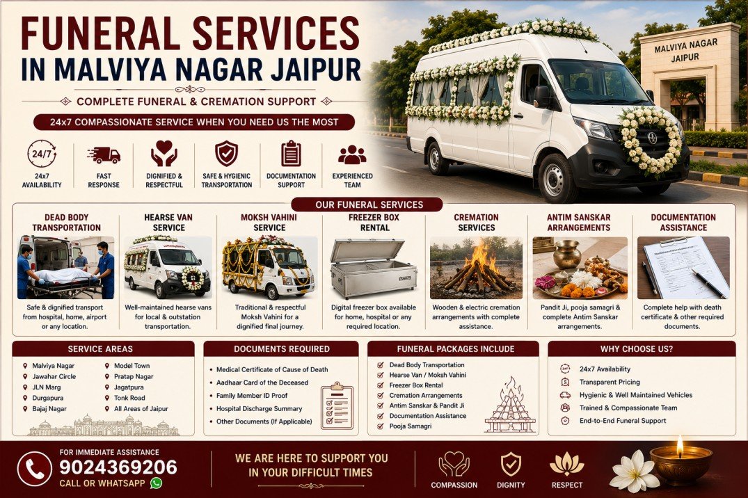 funeral services in Malviya Nagar Jaipur with hearse van service freezer box rental cremation services dead body transportation and Antim Sanskar support