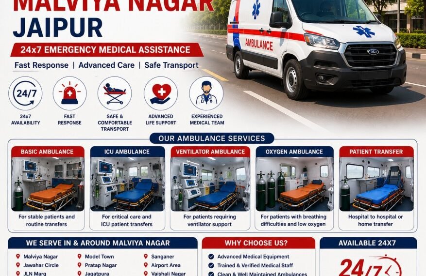ambulance service in Malviya Nagar Jaipur with ICU ambulance ventilator ambulance oxygen ambulance and emergency patient transfer available 24x7
