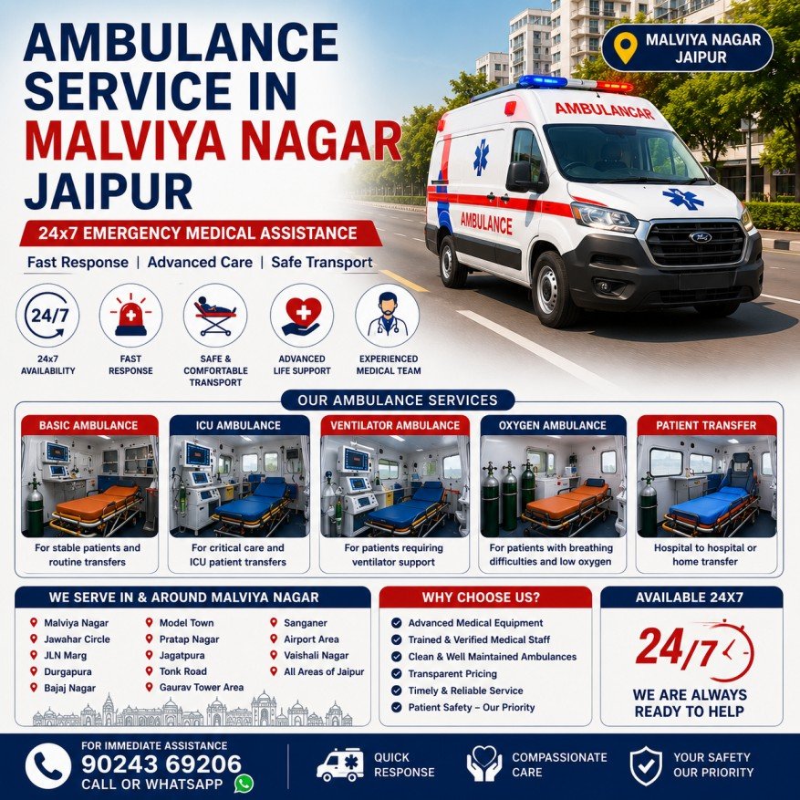ambulance service in Malviya Nagar Jaipur with ICU ambulance ventilator ambulance oxygen ambulance and emergency patient transfer available 24x7
