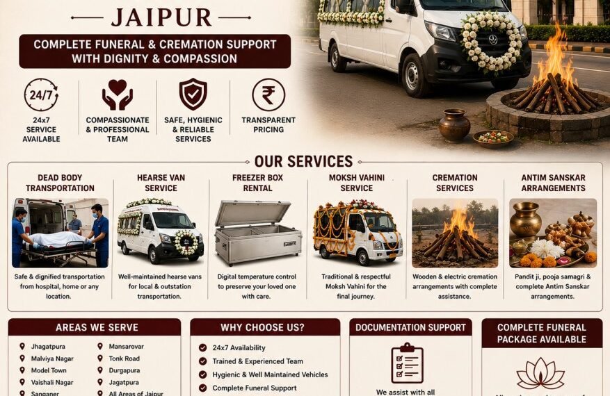 funeral services in Jagatpura Jaipur with hearse van service freezer box rental cremation services dead body transportation and Antim Sanskar support