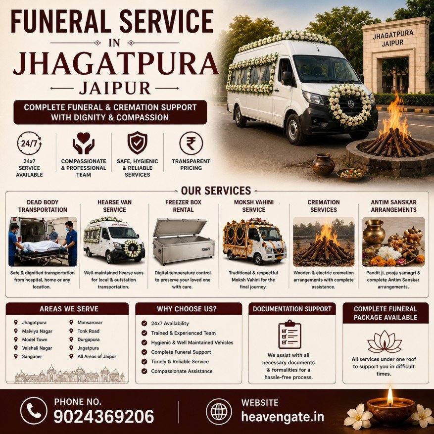funeral services in Jagatpura Jaipur with hearse van service freezer box rental cremation services dead body transportation and Antim Sanskar support